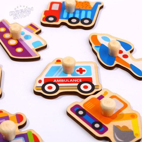 TOOKY TOY Drewniane Puzzle Transport Pojazdy z Pinezkami Do Dopasowania