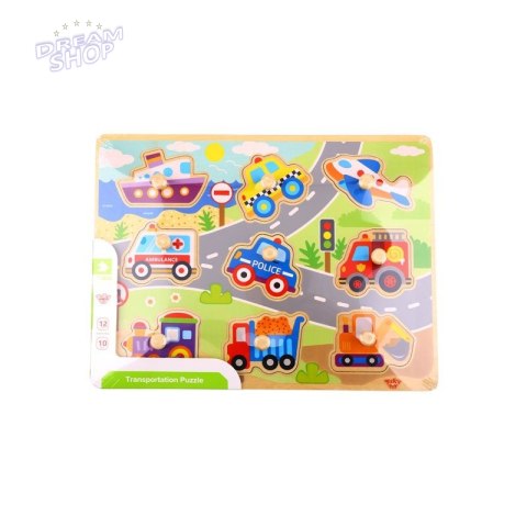 TOOKY TOY Drewniane Puzzle Transport Pojazdy z Pinezkami Do Dopasowania