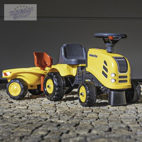 FALK Traktorek Baby Komatsu Żółty z Przyczepką + akc. od 1 roku