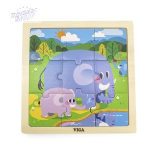 VIGA Poręczne Drewniane Puzzle Słoniki 9 elementów