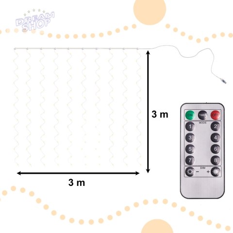 Lampki LED kurtyna druciki 3x3m 300LED ciepły biały