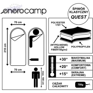 ŚPIWÓR TURYSTYCZNY QUEST 210x70CM ZIELONY ENERO CAMP