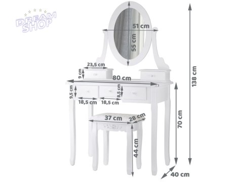 Elegancka Toaletka Biała retro lustro szuflady atłasowy taboret ZA4827
