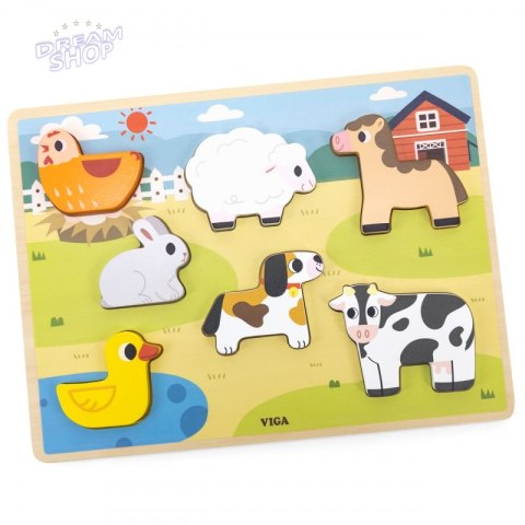 VIGA Drewniane Puzzle Układanka Montessori 2w1 Figurki Farma