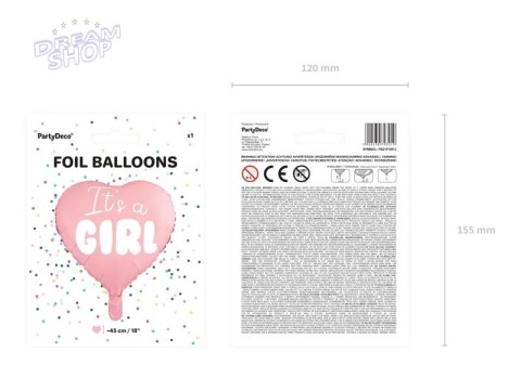 Balon foliowy "It's a girl" na baby shower serce różowe 48cm