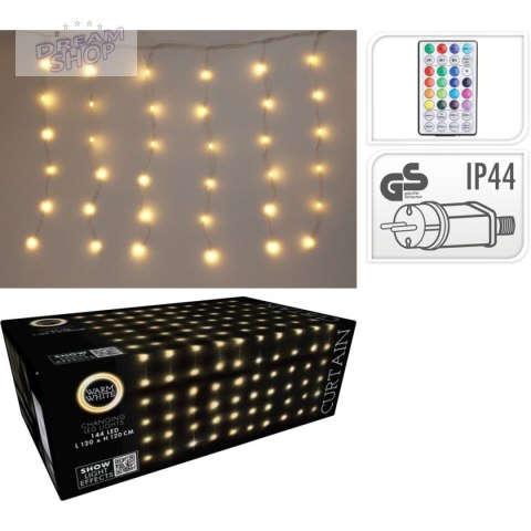 LAMPKI CHOINKOWE KURTYNA ŚWIETLNA ZEW/WEW 144 LED 120X120CM Z PILOTEM CIEPŁY BIAŁY