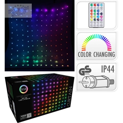 LAMPKI CHOINKOWE KURTYNA ŚWIETLNA ZEW/WEW 400 LED RGB 200X200CM Z PILOTEM MULTIKOLOR