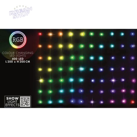 LAMPKI CHOINKOWE KURTYNA ŚWIETLNA ZEW/WEW 400 LED RGB 200X200CM Z PILOTEM MULTIKOLOR