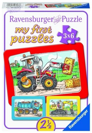 Puzzle 3x6 Traktor, koparka i ciężarówka