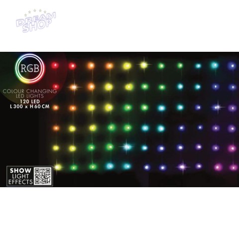 LAMPKI CHOINKOWE KURTYNA ŚWIETLNA ZEW/WEW 120 LED 300X60CM Z PILOTEM RGB