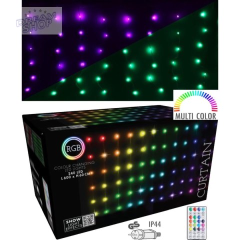 LAMPKI CHOINKOWE KURTYNA ŚWIETLNA ZEW/WEW 240 LED 600X60CM Z PILOTEM RGB KOLOR