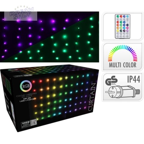 LAMPKI CHOINKOWE KURTYNA ŚWIETLNA ZEW/WEW 240 LED 600X60CM Z PILOTEM RGB KOLOR