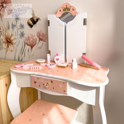 TOOKY TOY Drewniana Toaletka z Krzesełkiem Składane Lusterko Akcesoria 15 el. TOOKY TOY Drewniana Toaletka z Krzesełkiem Składane Lusterko Akcesoria 15 el.