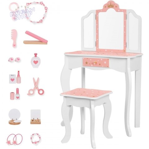 TOOKY TOY Drewniana Toaletka z Krzesełkiem Składane Lusterko Akcesoria 15 el. TOOKY TOY Drewniana Toaletka z Krzesełkiem Składane Lusterko Akcesoria 15 el.